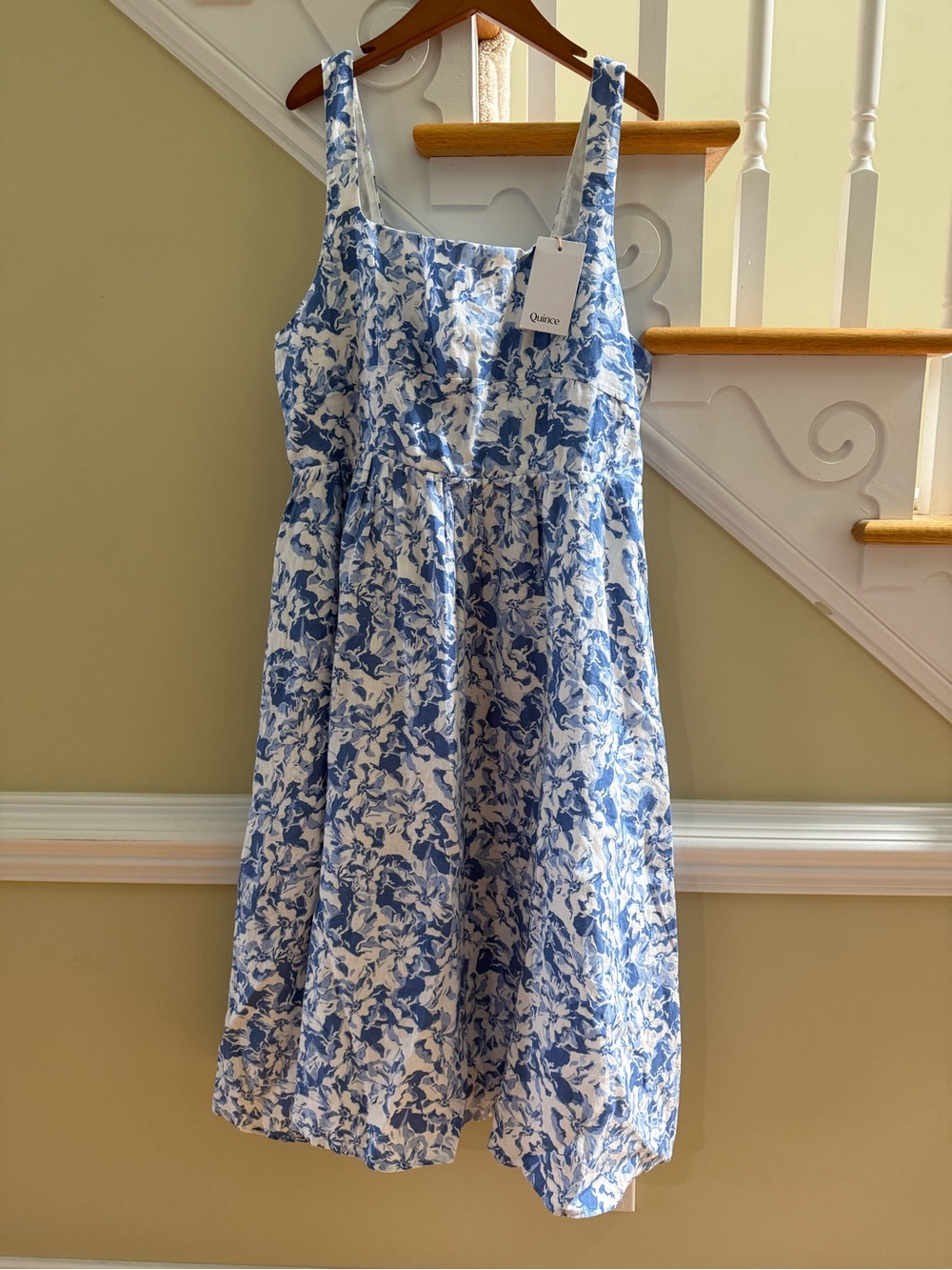 Quince Blue and White Floral Square-Neck Midi Dress 100% Linen - Picture 3 of 13